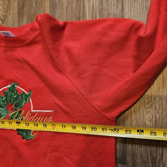 Vtg Christmas Crew Sweatshirt Womens Size L Hanes Red Embroidered Stockings 90s - Picture 12 of 13